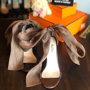 Open toe block heel sandals with ankle bow